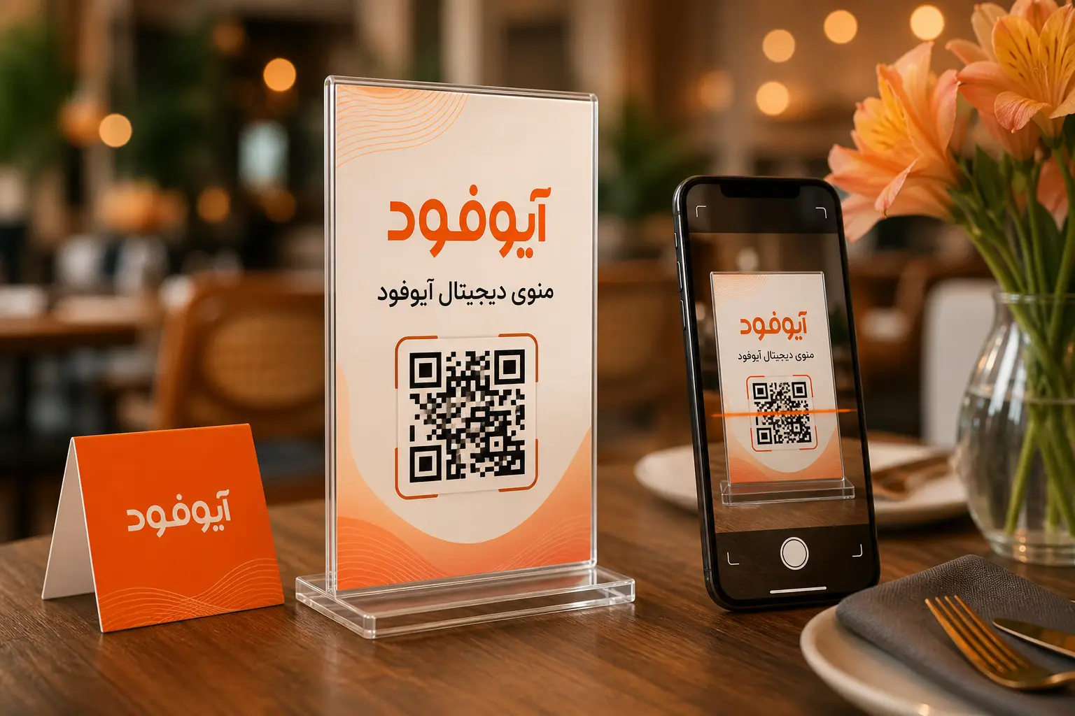 کد QR منو دیجیتال آیوفود روی میز رستوران برای سفارش آنلاین غذا