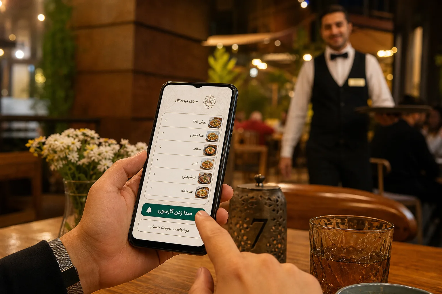 درخواست گارسون از روی میز با منوی دیجیتال روی گوشی
