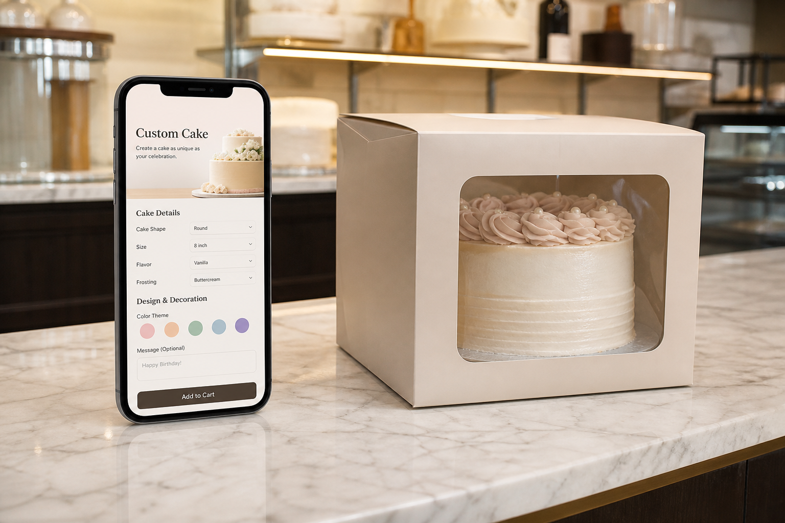 فرم سفارش کیک روی گوشی کنار جعبه کیک